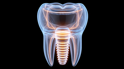 Glowing x ray illustration of dental implant inside transparent molar tooth. This detailed medical anatomy view shows root, nerve, and crown for stomatology and oral surgery