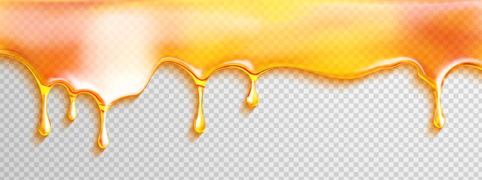 Realistic honey drip with syrup and caramel for oil texture background. Peanut fudge and splat for vector illustration. Apricot wave and border for maple candy design.