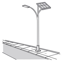 Fototapeta premium Modern solar powered street lamp with integrated panel illuminating a sidewalk and road in a clean line drawing style