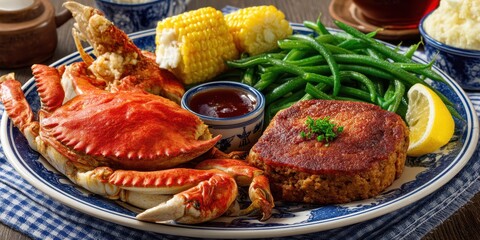 Crab & Meatloaf Comfort Food Concept. Delicious seafood platter with crab, corn, green beans, and sauce.