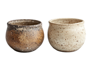 Artisan Crafted Earthenware Pots Showcasing Unique Textures and Finishes with Earthy Tones and Varied Designs for Functional or Decorative Use on transparent background