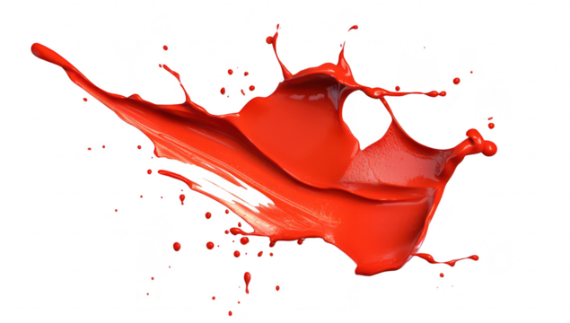 A splash of red paint dynamically arcs through the air against a clean white background. creating a striking visual effect that captures the essence of creativity and artistic expression