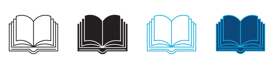 Book icon set. Set of linear icons of open books with paper pages, vector illustration.