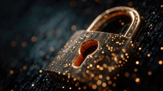 Cyber security concept with golden padlock on digital background