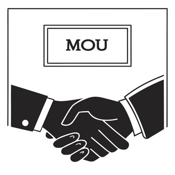 Symbolic illustration of two business people shaking hands above a document labeled mou representing agreement and partnership