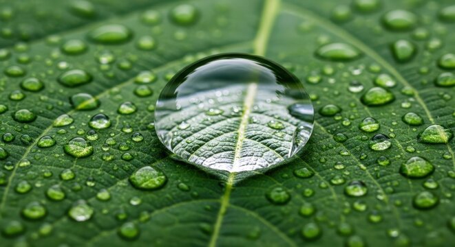 Macro close-up of water droplets on a vibrant green leaf showing intricate details