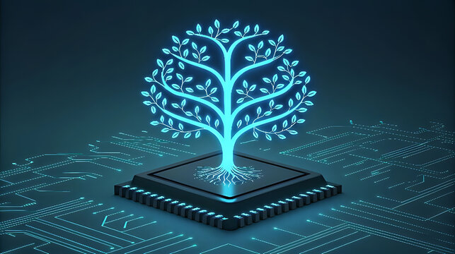Glowing blue digital tree grows from computer chip