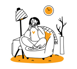 A cozy autumn vibe. A woman sips a hot drink, tea, or coffee, while sitting in a chair in a room. Vector doodles