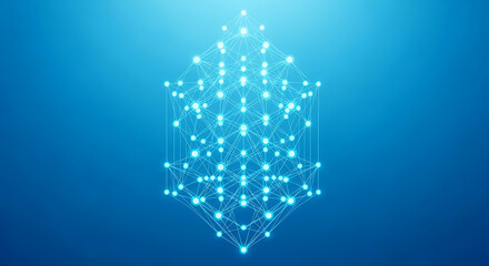 Illustration of abstract digital network of glowing blue particles forming a geometric shape against a gradient blue background, representing connectivity and data
