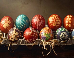 Decorated eggs in a carton, nestled in straw, against a dark background