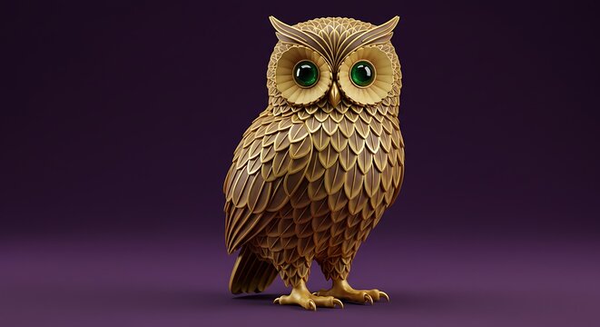 golden owl statue with detailed feathers on purple background - Powered by Adobe
