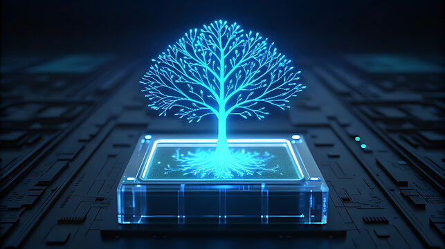Glowing blue digital tree on circuit board technology 1 - Powered by Adobe