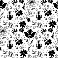 Seamless Botanical Floral Pattern &ndash; Colorful Decorative Flower and Leaf Background Seamless Abstract Wave and Circle Pattern &ndash; Modern Black and White Decorative Background Seamless Ornamental Swirl an