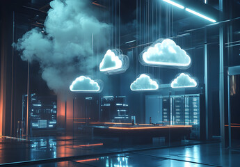 A futuristic data center with floating holographic cloud icons, symbolizing serverless architecture.
