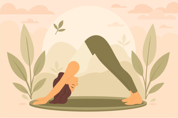 Summer meditation in nature: young woman in lotus pose surrounded by leaves and clouds, concept of health and balance. Vector EPS 10