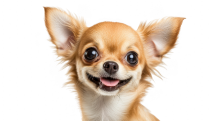 A cheerful Chihuahua with large. expressive eyes and a playful smile. set against a clean white background. perfect for pet-themed marketing or joyful animal imagery