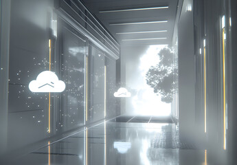 A futuristic data center with floating holographic cloud icons, symbolizing serverless architecture.