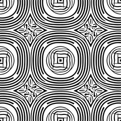 Seamless Abstract Wave and Circle Pattern &ndash; Modern Black and White Decorative Background Seamless Ornamental Swirl and Leaf Pattern &ndash; Elegant Black and White Decorative Background