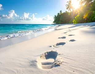 Footprints on a pristine white sandy beach leading to the turquoise ocean, surrounded by tropical palm trees under a bright blue sky. Perfect for travel, vacation, and nature concepts.