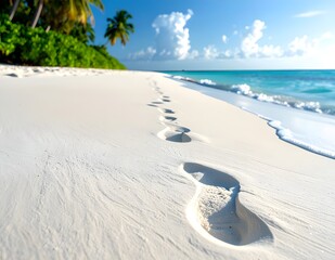 Footprints on a pristine white sandy beach leading to the turquoise ocean, surrounded by tropical palm trees under a bright blue sky. Perfect for travel, vacation, and nature concepts.
