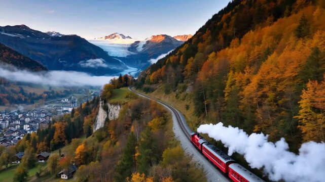 Chamonix, France &ndash; November 1, 2024 A journey on the iconic red Montenvers train toward the Alpine glacier, offering breathtaking views of the mountains, the town below, and vibrant autumn foliage