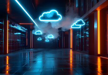 A futuristic data center with floating holographic cloud icons, symbolizing serverless architecture.