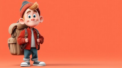 A cheerful cartoon boy with a backpack stands against an orange background, dressed warmly and ready for an adventure.