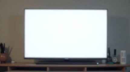 Fototapeta premium Blurred Television with White Screen in Modern Living Room Setting