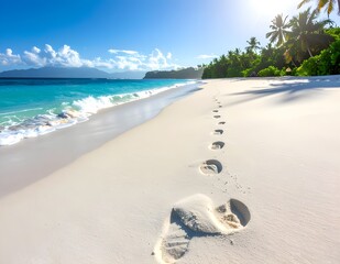 Footprints on a pristine white sandy beach leading to the turquoise ocean, surrounded by tropical palm trees under a bright blue sky. Perfect for travel, vacation, and nature concepts.