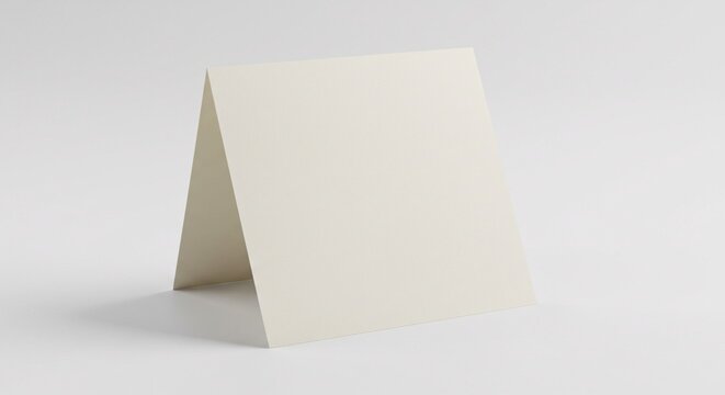 Blank ivory tent card standing upright on a white surface, a clean and elegant template for a wedding invitation or menu mockup