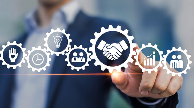 Businessman touching digital gears representing teamwork success strategy and business growth on a futuristic interface