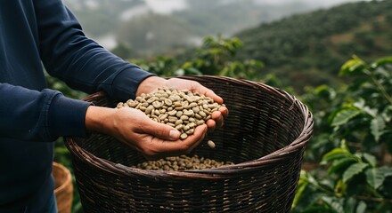 A Coffee Farmer's Hands Holding Freshly Harvested Green Beans on a Plantation