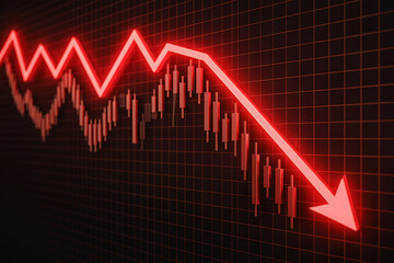 Red downward trending stock market graph with arrow indicating financial loss