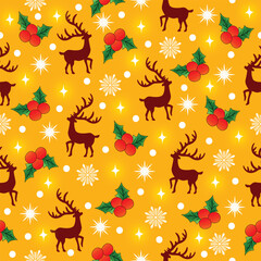 Reindeer, snow and Holly Christmas Seamless Pattern