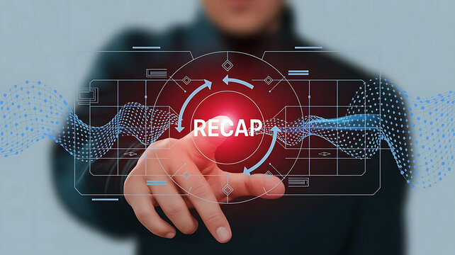 Person s finger touching a futuristic digital interface displaying the word recap