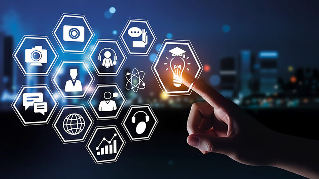 Hand touching digital network of education and business icons with city lights background at night - Powered by Adobe