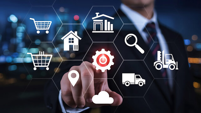 Businessman interacting with digital interface displaying icons for e commerce real estate logistics and cloud technology services