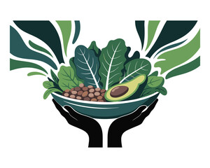 Hands cradling a bowl overflowing with fresh green leafy vegetables and healthy avocado and legumes