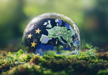 Obraz premium A glass globe with the map of Europe inside, placed on moss and surrounded by greenery