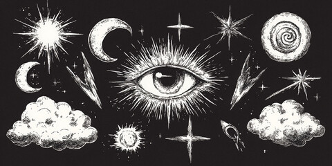 A black and white drawing of a starry sky with a large eye in the middle, surrounded by a cloud of stars, mysterious and dreamy