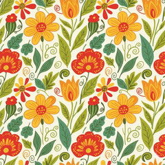 Seamless Botanical Floral Pattern &ndash; Colorful Decorative Flower and Leaf Background