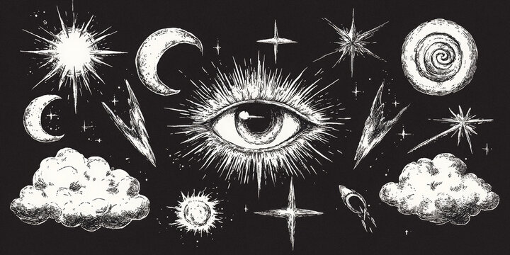 A black and white drawing of a starry sky with a large eye in the middle, surrounded by a cloud of stars, mysterious and dreamy