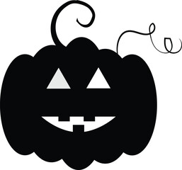 A simple black silhouette of a jack o lantern with a carved face and curly stem perfect for halloween decorations and crafts