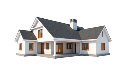 Modern house design with sloped roof, large windows, and welcoming porch. exterior features combination of white walls and gray shingles