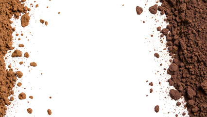 Rich brown powder scattered transparency background, creating textured frame. fine particles and larger chunks add depth and contrast