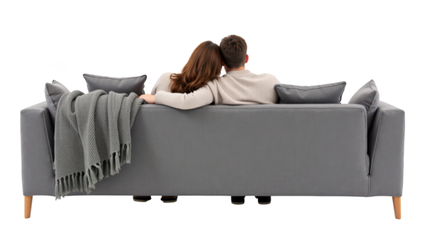 Cozy couple sitting on modern gray sofa, wrapped in soft blanket, enjoying moment together