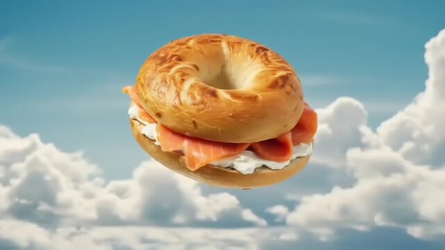 A floating bagel with cream cheese and smoked salmon against a bright blue sky with clouds
