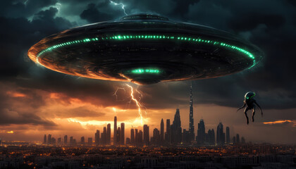 Scary and ominous alien invasion with large UFO spaceship attacking futuristic city at sunset. apocalyptic scene shows spaceship hovering with dramatic storm and lightning