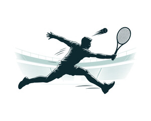 Dynamic silhouette of a tennis player in mid action swinging a racquet during a match