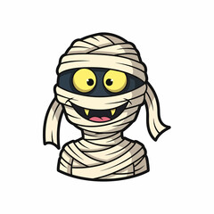 Cartoon Mummy Character with Yellow Eyes and Bandage Wraps Smiling.